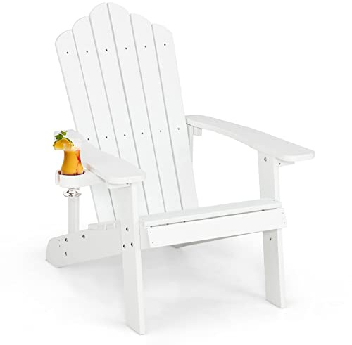 COSTWAY Sedia da Giardino Adirondack in HIPS, Sedia Adirondack con Portabicchieri, Poltrona da Esterno Resistente, per Giardino, Balcone, Piscina, Portata 150 kg (1, Bianco)