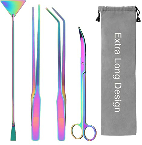 Kit de paysage aquatique extra long coloré 4 en 1 pour plantes aquatiques antirouille en acier inoxydable, pince à épiler, ciseaux, spatule pour nettoyer l'aquarium