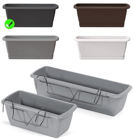 BirnePower Blumenkasten Balkonkasten Geländerkasten Blumentopf Balkontopf Pflanzkasten mit Untersetzer Aufhängung Hanger (400 Anthrazit)