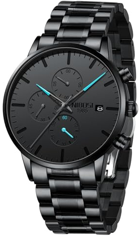 NIBOSI Men's Watches Analog Black Dial Stainless Steel Strap Date | Minimalist Black Dial Watches for Men Business Chronograph Military Casual Wrist Watches Stainless Steel Black Watch Band