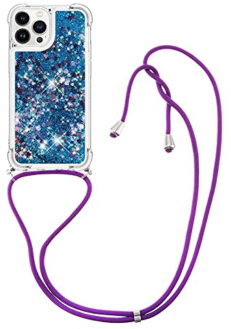 IMIRST Lanyardfodral kompatibelt med iPhone 15 Pro Bling flytande glitter silikonskal stötsäkert Kawaii-skydd med sladd halsbandsfodral för Apple iPhone 15 Pro. LP kärlek blå