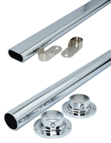 RSR Hangers Kleiderstange Schrankrohr Schrankstange für Kleiderschrank 80 cm | verchromt | Silber | Oval |Rund | mit Schrankrohrlager Set (Oval)