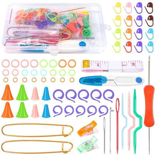 Baimuni Kit de Accesorios para Tejer y Ganchillo, Juego de Herramientas básicas para Tejer, Ganchillo para Principiantes, Crochet Marcadores de Plástico, para Manualidades DIY con caja