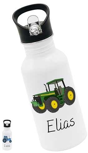 Bärenfreunde® - Personalisierte Trinkflasche Kinder Edelstahl [ 500ml ] - Robuste Trinkflasche mit Namen - Wasserflasche mit Trinkhalm - Personalisierte Geschenke für Kinder (Traktor grün)