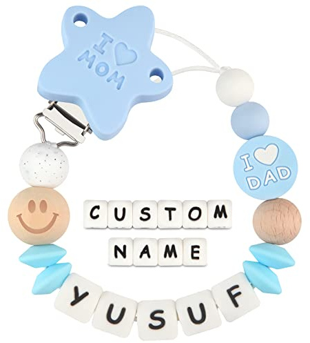 Kowlone Attache Sucette Nom Personnalisé Prenom Silicones Maman papa Attache Tétine en Clips Chaîne pour Bébé Filles Garçons(Bleu Clair)