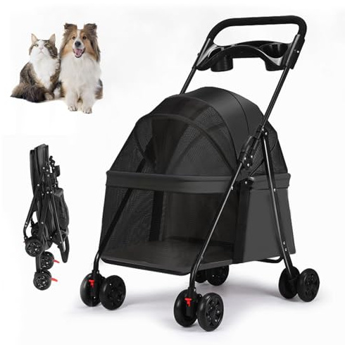 RUYICZB Lightweight Small Dog Stroller,Folding Jogger Pet Stroller with Cup Holder and Rear Storage Bag,Puppy Stroller with Breathable and Visible Mesh,Black