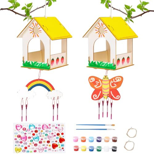 YUFFQOPC DIY Vogelhaus Bausatz, 2 Stück Vogelhäuser, Holz, Aquarellfarben, Diamantaufkleber, 4+ Jahre, Garten-Deko, nicht zusammenklappbar