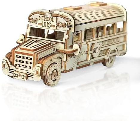 Cuteefun Träbyggnadsmodeller skolbussar, vuxna träkonstruktioner, gör-det-själv 3D-pussel