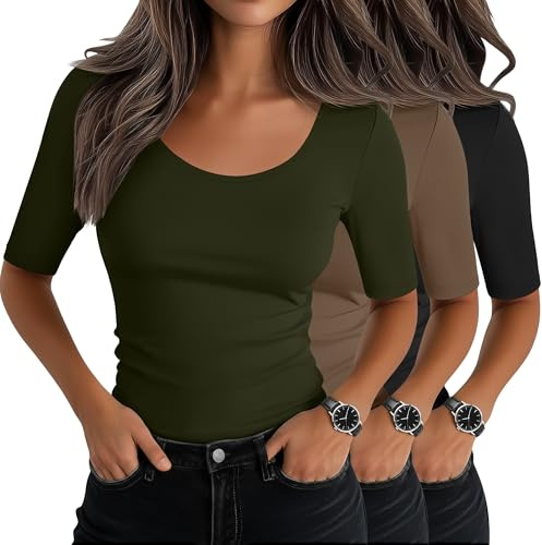 Neer 3 Pack Women's Scoop Neck Half Sleeve Tops | Slim Fit T-Shirts, 1/2 Sleeve Shirts, Tight Casual Tees, Elbow Sleeve, Layer, Cotton Blend, Stretchy, Cover Arms, Daily Wear