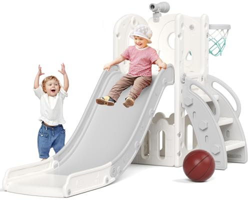 XJD Toddler Slide 5 in 1 Kids Baby Slide, Climber with Basketball Hoop, Telescope, Storage Basket, Garden Climbing Frames for Children Playset Indoor & Outdoor Slide for Children Age 1-3 Gray
