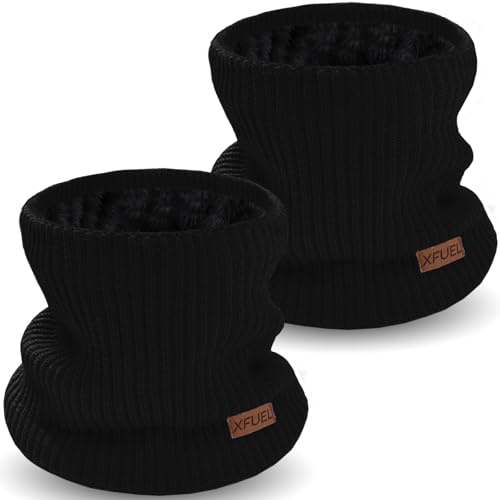 XFUEL Kids Neck Warmer, 2 Pack, Knitted Winter Neck Gaiter, Fleece Lined Infinity Scarf for Boys Girls (black,black)