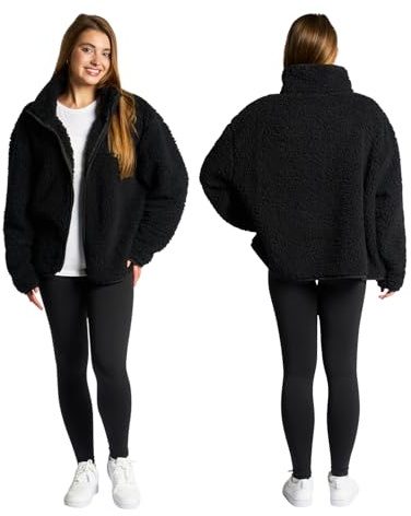 OHS Black Teddy Fleece Jacket Mens, Full Zip Up Coat for Women Men Ultra Soft Cosy Long Sleeve Sweatshirt Casualwear Winter Fleece Jacket for Travel & Hiking, L/XL