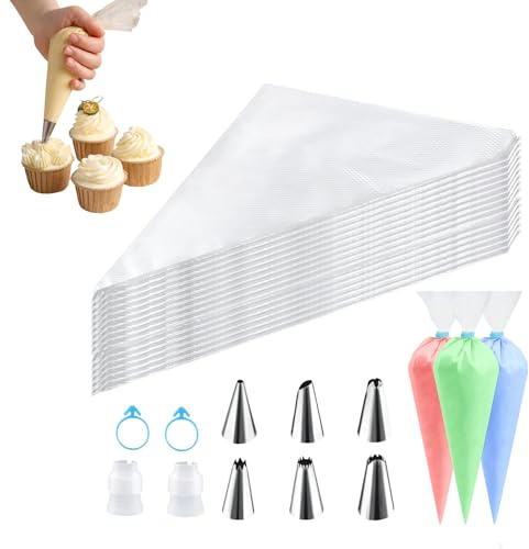Yohtlfp 100 Piezas Manga Pastelera Profesional, Mangas Pasteleras Desechables con 6 Boquillas + 2 Acopladores + 2 Ligas de Silicona, para Decoración de Cupcakes, Pastelería, Tartas, Chocolate