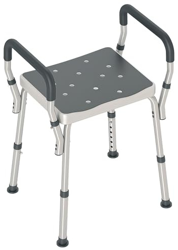 HOMCOM Sgabello Doccia in Alluminio, Sgabello Bagno ad Altezza Regolabile 57-69 cm con Braccioli, Sedia per Doccia Anziani 150 kg, Sedile per Vasca da Bagno con Piedini Antiscivolo, Grigio