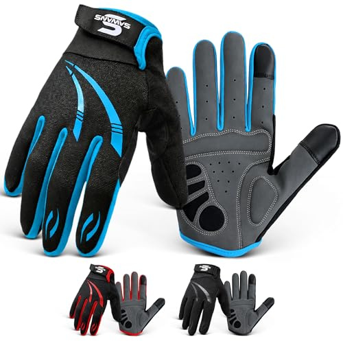SAWANS Full Finger Cycling Gloves for Men & Women Mountain Bike Gloves Breathable Touchscreen Padded Anti-Slip Shock Absorbing MTB Riding, Road Racing, Bicycle BMX & Motorcycle (Blue, XL)