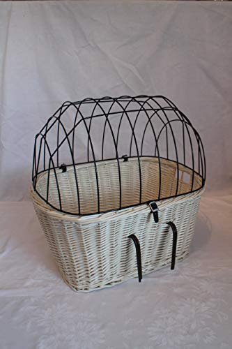 Hundefahrradkorb für Fahradlenker aus Weide mit Metallgitter und Kissen L, XL oder XXL in Weiß (XXL mit Kissen)