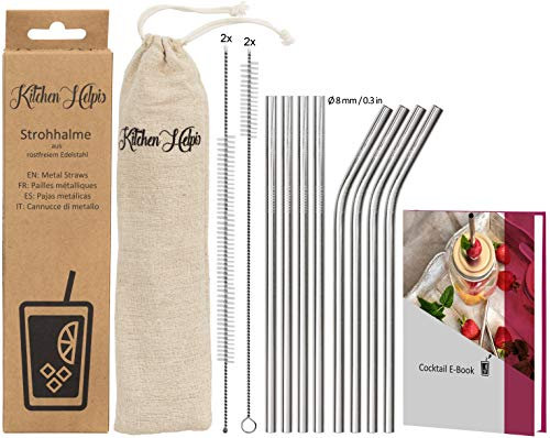Kitchen Helpis® ø8 mm Edelstahl-Strohhalme (SS304 / LFGB geprüft), Metallstrohhalme mit mittlerem Durchmesser ø8 mm, Strohhalme Metall mit Reinigungsbürste, Metallstrohhalm ø8 mm
