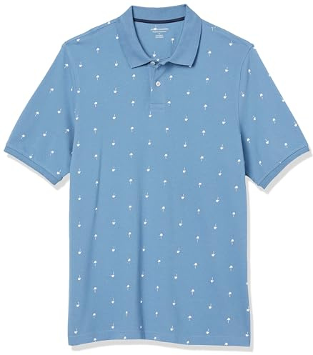 Amazon Essentials Men's Regular-Fit Cotton Pique Polo Shirt (Available in Big & Tall), Blue White Palm Tree Print, Large
