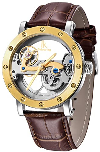 Alienwork IK Automatikuhr Armbanduhr Herren Damen Silber Lederarmband Braun Skelett Glasboden