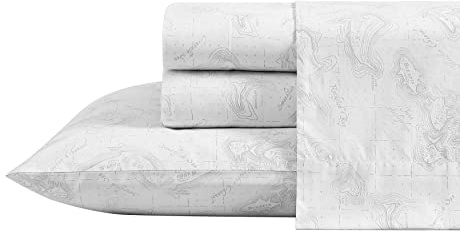 Eddie Bauer Home Sheets Cotton Percale Bedding Set, Crisp & Cool, Stylish Home Decor, Queen, Fish ATOL White/Grey