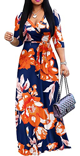 FANDEE Plus Size Maxi Dress for Women Casual Summer Sundress V-Neck 3/4 Sleeve(Multicolored Flower,2X-Large)