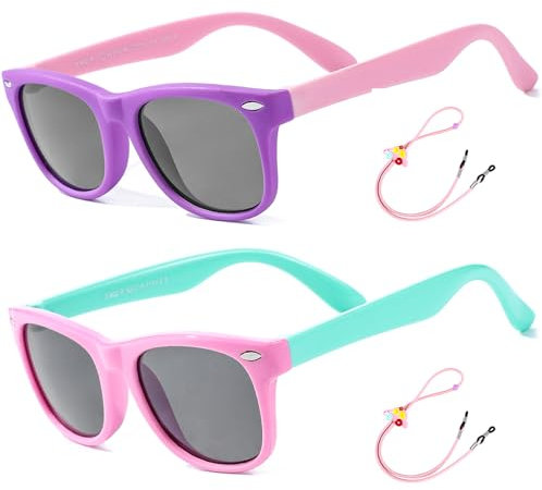 Kinder Sonnenbrille Flexibel Polarisierte Shades für Baby Jungen und Mädchen UV400-Schutz Brillen Alter 2-8 （ Lila/Rosa + Rosa/Cyan ）