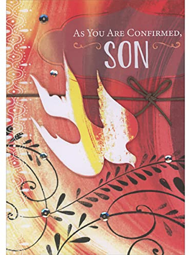 Designer Greetings Red, Yellow and White 3D Die Cut Dove in Flight, Brown String and Sequins Hand Decorated Confirmation Congratulations Card for Son
