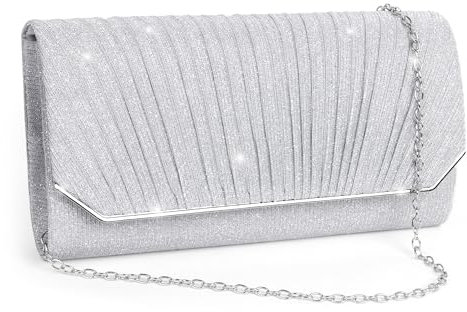Damen Clutches, Abendtasche für Damen Glitzer, Glänzende Elegante Envelope Crossbody Kettentasche mit Abnehmbarer Kette, Pailletten Schultertaschen Handtasche für Hochzeit, Party, Bankett Silber