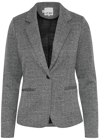 ICHI IHKATE - Blazer da Donna Jacquard, con Colletto a Risvolto, Tasche a pistagna con Scollo a V, Forma di 1 Bottone, Leggermente Elastico, Slim Fit, Nero/Bianco a Spina di Pesce (203523), S