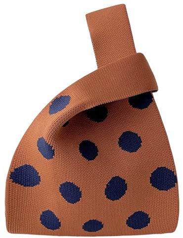 ANIMQUE Damen Häkeln Tragetasche Gestrickt Ärmel Knoten Tasche Geschenk Tasche Kleine Niedliche Tragbare Geldbörse Tote mit Polka-Dot-Muster, Braun Navy