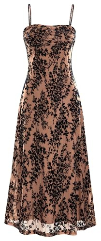 BTFBM Women's Summer Dress Sleeveless Spaghetti Strap Midi Dress Sexy Cowl Neck Floral Cocktail Dress Party Dresses(Dark Apricot,Small)