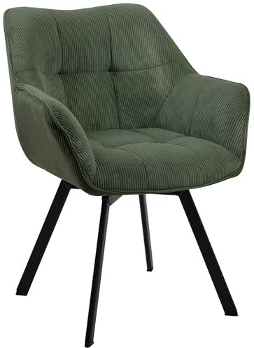 CLP Esszimmerstuhl ergonomisch Jordi Cord, drehbar mit Armlehnen, Polstersessel, 4-Fuß-Metallgestell, bis 150 kg, mit Bodenschonern, Farbe:grün