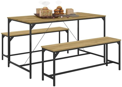HOMCOM Ensemble de 3 tables de cuisine, table à manger avec 2 bancs pour 4 personnes, groupe de table, pour cuisine, salon, nature