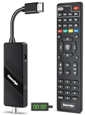 Digitaler Terrestrischer Decoder 2025, owerslyn DVB-T2 HD, 1080P, H265, HEVC Main 10-Bit, HDMI CEC TV-Stick, unterstützt HDMI/Scart und USB Multimedia/PVR Recorder/Fernbedienung 2-in-1 (M6)