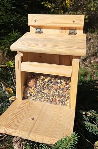 Holzdeko-Ma Eichhörnchen Futterhaus XXL, Eichhörnchen, Fichtenholz, Transparentes Sichtfenster, Hängend-Halterung, Wildlife-Futterhaus
