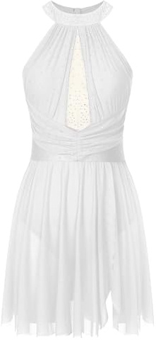 MSemis Vestido de Patinaje Sobre Hielo para Mujer sin Manga Maillot de Baile Contemporáneo con Pedrería Brillante Vestido de Gimnasia Rítmica Competición S-XXL Blanco A S