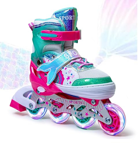 Scale Sports Adjustable Roller Skates for Girls, Mermaid Design – Inline Skates Kids with Light Up Wheels, Comfortable Outdoor Skating, for Kids & Beginners Multicolor UK 12-2