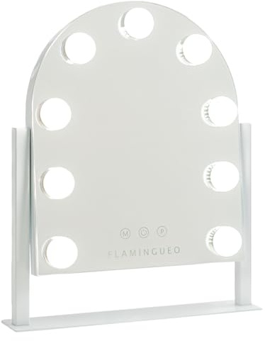 Flamingueo Espejo Maquillaje con Luz Arqueado - 9 LED - 3 Modos de Luz - Intensidad Ajustable - Control Táctil - Posición Regulable - Vanity Mirror - Blanco - 30,5x6x36cm