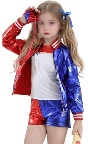 Moerstar Costume Carnevale Bambina, Vestito Cosplay Bambina Set con Giacca Maglietta Parrucca Pantaloni Mazza da Baseball Gonfiabile Guanti Costumi Cosplay per Carnevale Halloween
