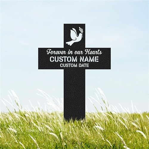 AVAGifts Personalized Memorial Cross Metal – Forever in Our Hearts Grave Marker, Custom Name & Date Outdoor Memorial Stake, Loss of Loved One Sympathy, Mother Day Grave Marker for Cemetery or Garden