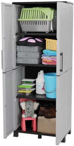 INTEC - Armario de almacenamiento gris con 2 puertas y 4 estantes 68 x 37 x 169 cm, 4 patas de garaje, lavadero, oficina