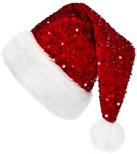 MZinge Sequin Santa hat Christmas Hat Shiny Sequin Xmas Hat Luxury Plush Xmas Hat with a Pompom, Unisex Velvet Father Christmas Hat Costume, Party Hat Cap for Xmas Holiday (red)