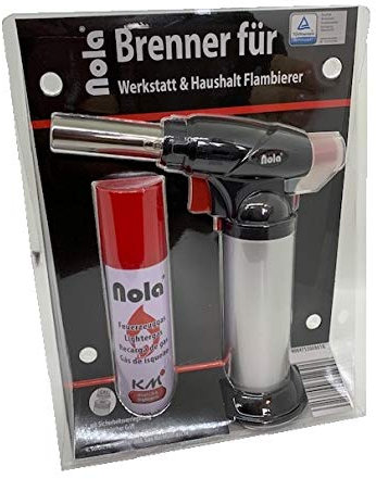 NOLA Küchenbrenner mit 100ml Gas, Flambierset Blister Gaskartusche Nachfüllen, Flambierbrenner, Creme Brulee Brenner, Gas Lötbrenner, Bunsenbrenner, Gasbrenner, Flambierer nachfüllbar Feuerzeug