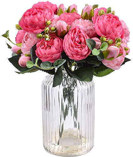 XONOR 4 Stücke Künstliche Pfingstrose Seidenblumen Gefälschte Glorious Blumensträuße für Hochzeitsfest-Hochzeitsdekoration, 5 Gabeln, 9 Kopf (Rose Rot & Rosa)