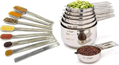 Juego de 15 tazas y cucharas medidoras, apilables, mango largo con nivelador, se adapta a tarros estrechos, acero inoxidable 304 de alta calidad, utensilios de cocina para ingredientes líquidos y
