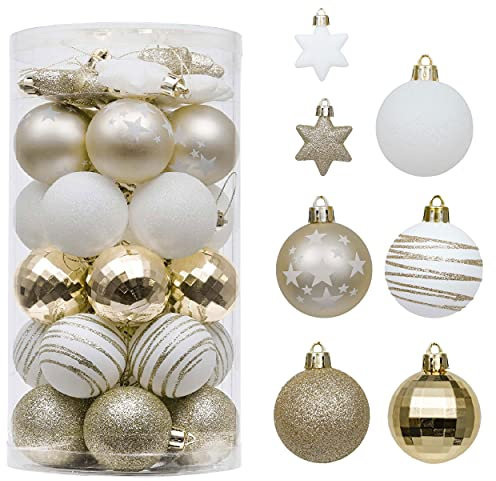 Valery Madelyn Weihnachtskugeln 35tlg. 5cm Plastik Christbaumkugeln Set, Weihnachtsbaumschmuck Dekoration Christbaumschmuck für Haus Dekoration Elegant Thema Weiß Gold