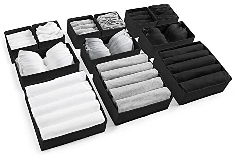 Eco Home Store Schubladen-Organizer für Kleidung, Unterwäsche, BHs und Accessoires – Faltbare Aufbewahrungsboxen aus Baumwolle für Schlafzimmer, Kleiderschrank und Schreibtisch – 12er Set – Schwarz