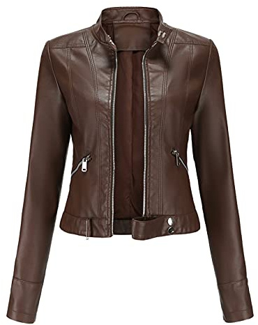 luohaibell Veste en Cuir Blazer Pour Femme Simili Cuir Biker Manteau Femme Minceur col Montant Mode Zippé Biker Blouson Marron L