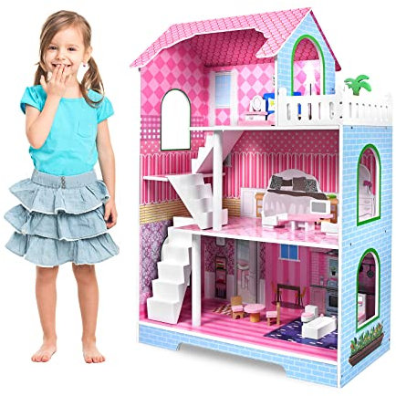 LARS360 Rosa Puppenhaus Holz Große Puppenvilla Mädchen Spielset mit Möbeln und Zubehör Dollhouse 3 Etagen Barbyhaus Leicht zu Montieren, Sicher und Umweltfreundlich (100 x 36 x 70cm), LARS-(ELC1073)