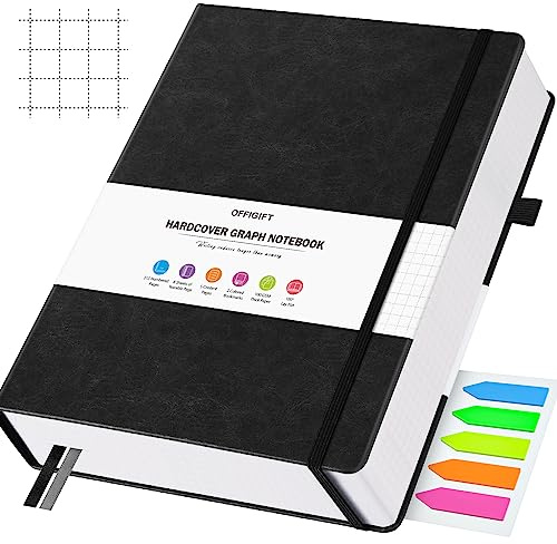 OFFIGIFT Graph Paper Notebook, 312 Numbered Pages B5 Hardcover Leather Journal, 100gsm No Bleed Grid Paper Notebook with Index Pages, Grid Notebook for Graphing Notes Math, 7.6'' X 10'', Black